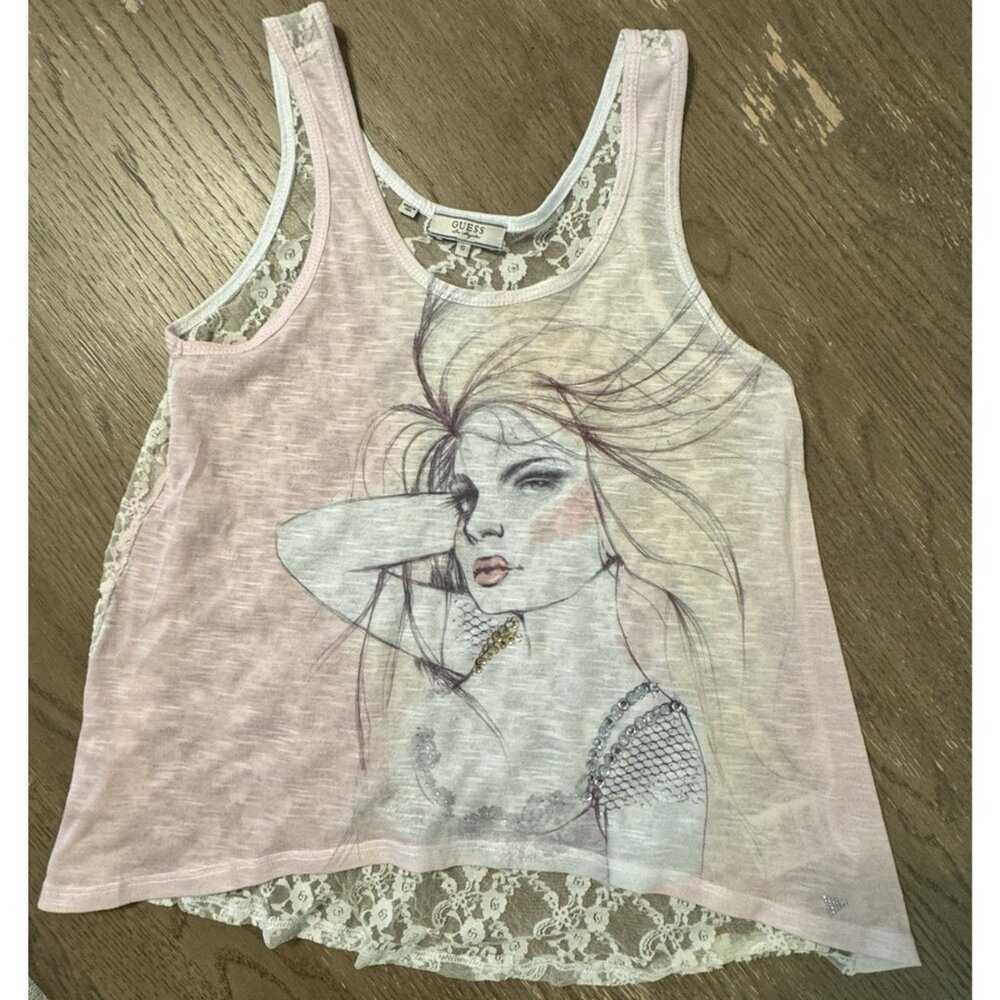 Guess USA Women Lace Cream Pink Tank High Low Tank Rhinestone Size Small 80s 90s